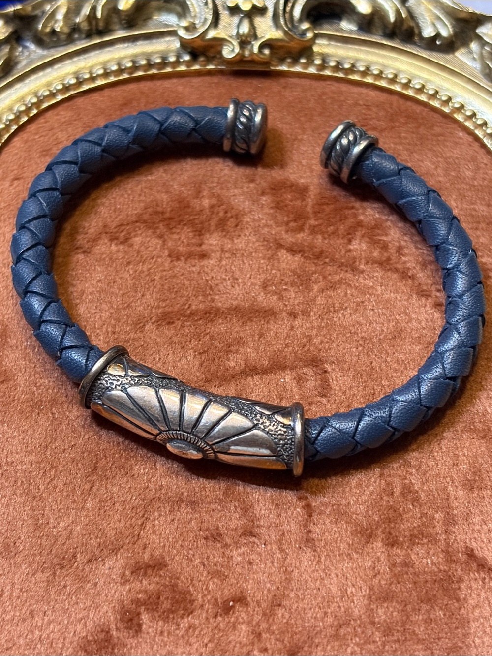 Sterling Silver Waldeck Johnson WJ 925 Blue Braided Leather Cuff Bracelet